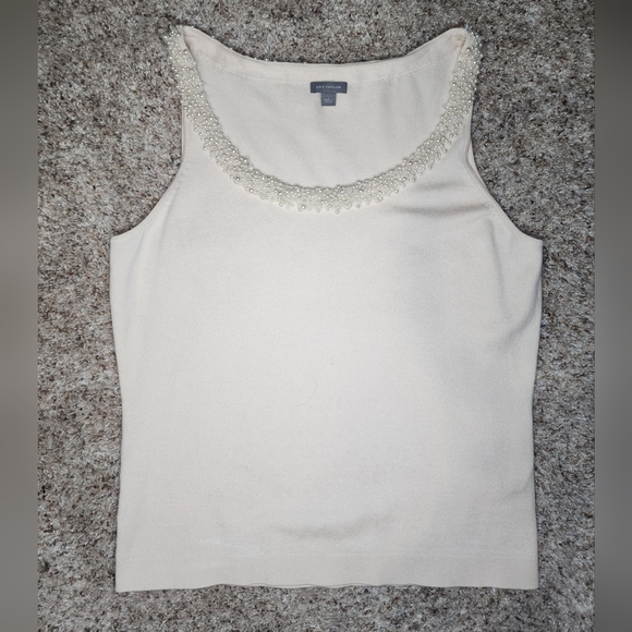 Ann Taylor Cream Ivory Tank Top Cami Pearl Embellished Neckline Cashmere Silk Lg - Picture 7 of 10